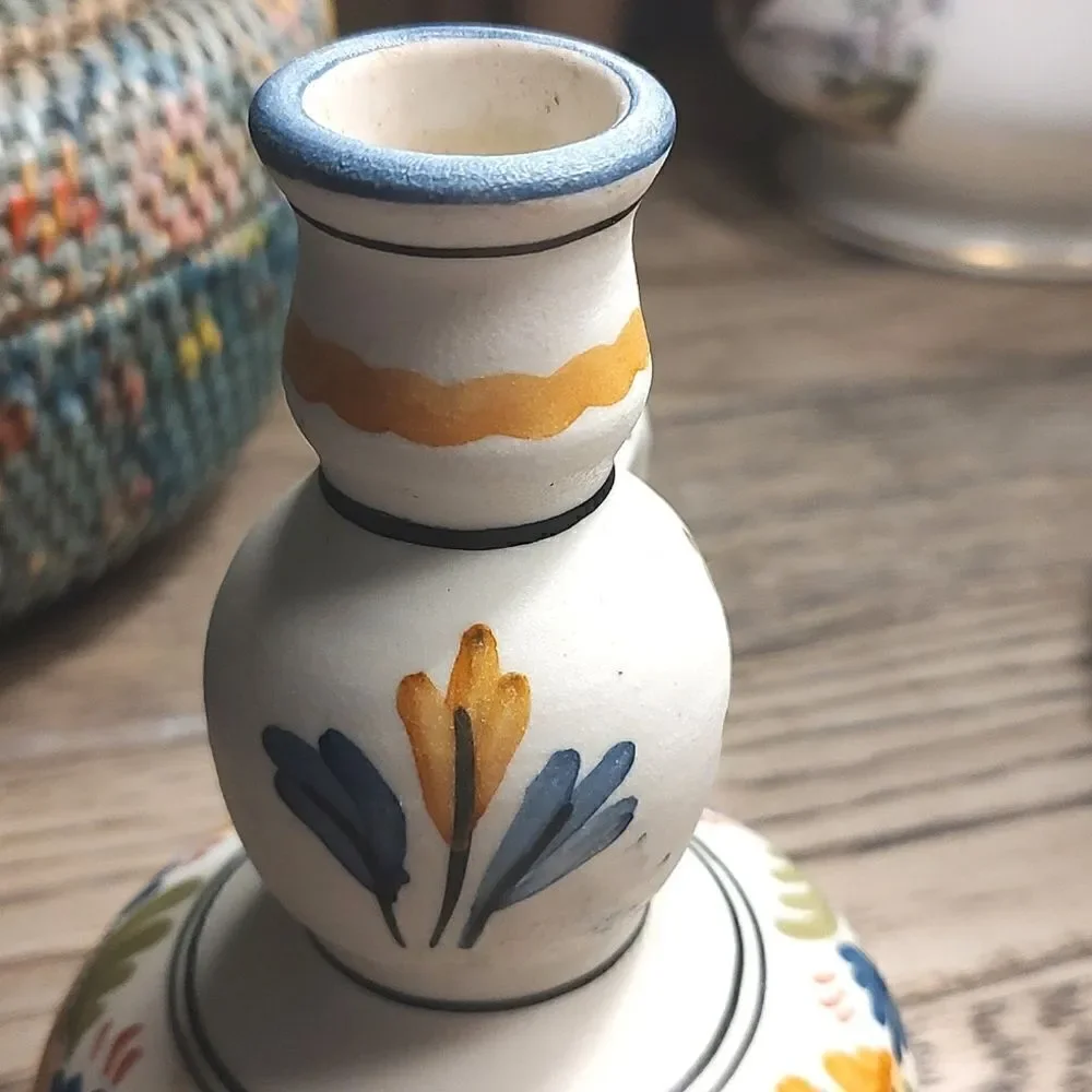 Talavera Pottery Hand Painted Floral Candlestick with Handle Vintage